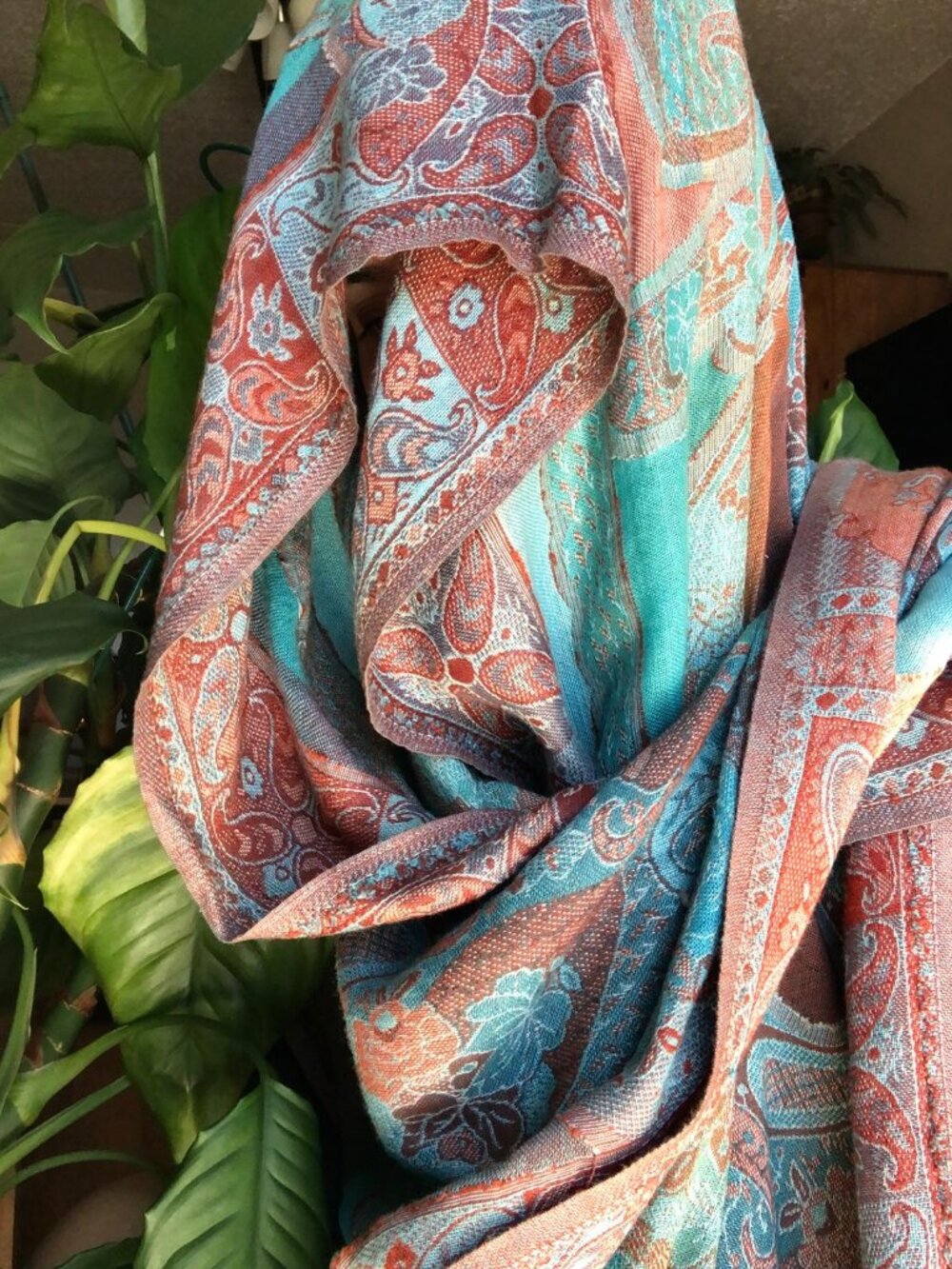 Vismaya Paisley Floral Wool Shawl Wrap Scarf Fringe Turquoise Teal Rust Boho